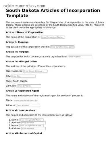 Free  Articles of Incorporation Template for South Dakota