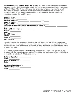 Free  Mobile Home Bill of Sale Template for South Dakota