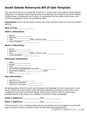 Free  Motorcycle Bill of Sale Template for South Dakota
