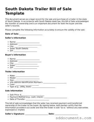 Free  Trailer Bill of Sale Template for South Dakota