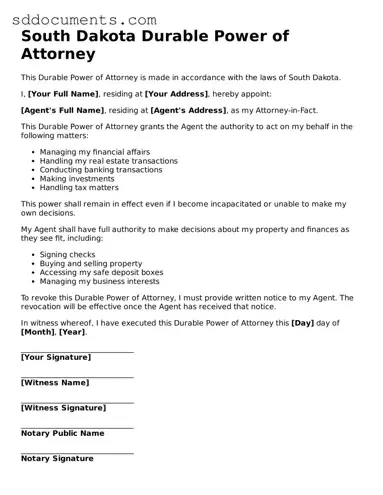 Free  Durable Power of Attorney Template for South Dakota
