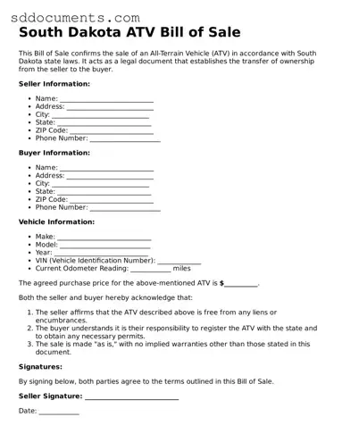 Free  ATV Bill of Sale Template for South Dakota