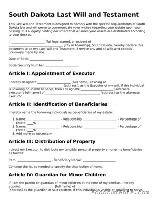 Free  Last Will and Testament Template for South Dakota