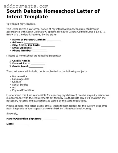 Free  Homeschool Letter of Intent Template for South Dakota