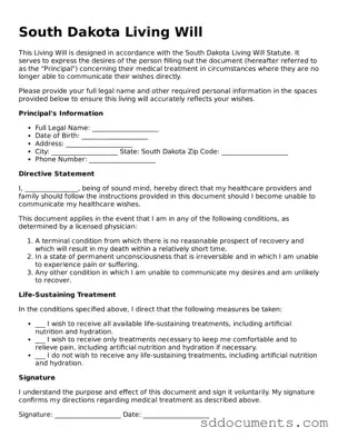 Free  Living Will Template for South Dakota