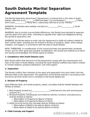Free  Marital Separation Agreement Template for South Dakota