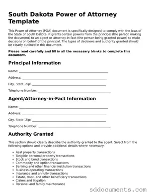 Free  Power of Attorney Template for South Dakota