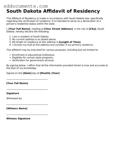 Free  Affidavit of Residency Template for South Dakota