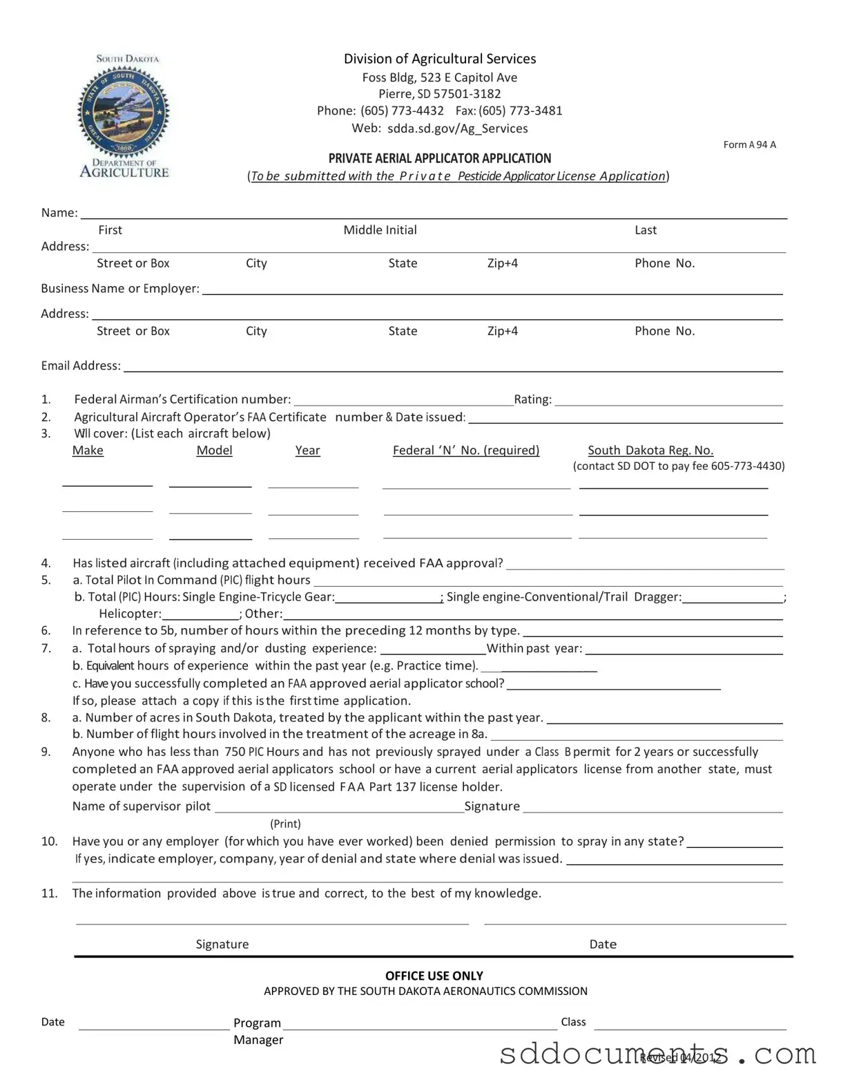 Fill Out Your South Dakota A 94 A Template