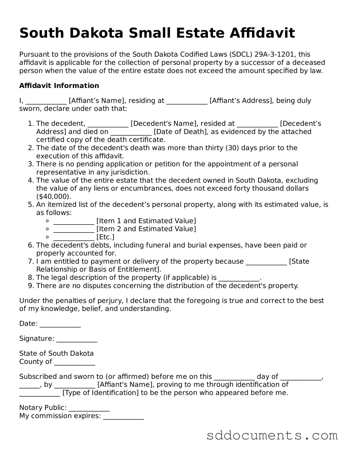 Free  Small Estate Affidavit Template for South Dakota