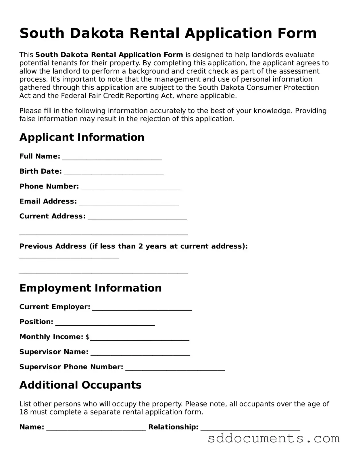 Free Rental Application Template for South Dakota