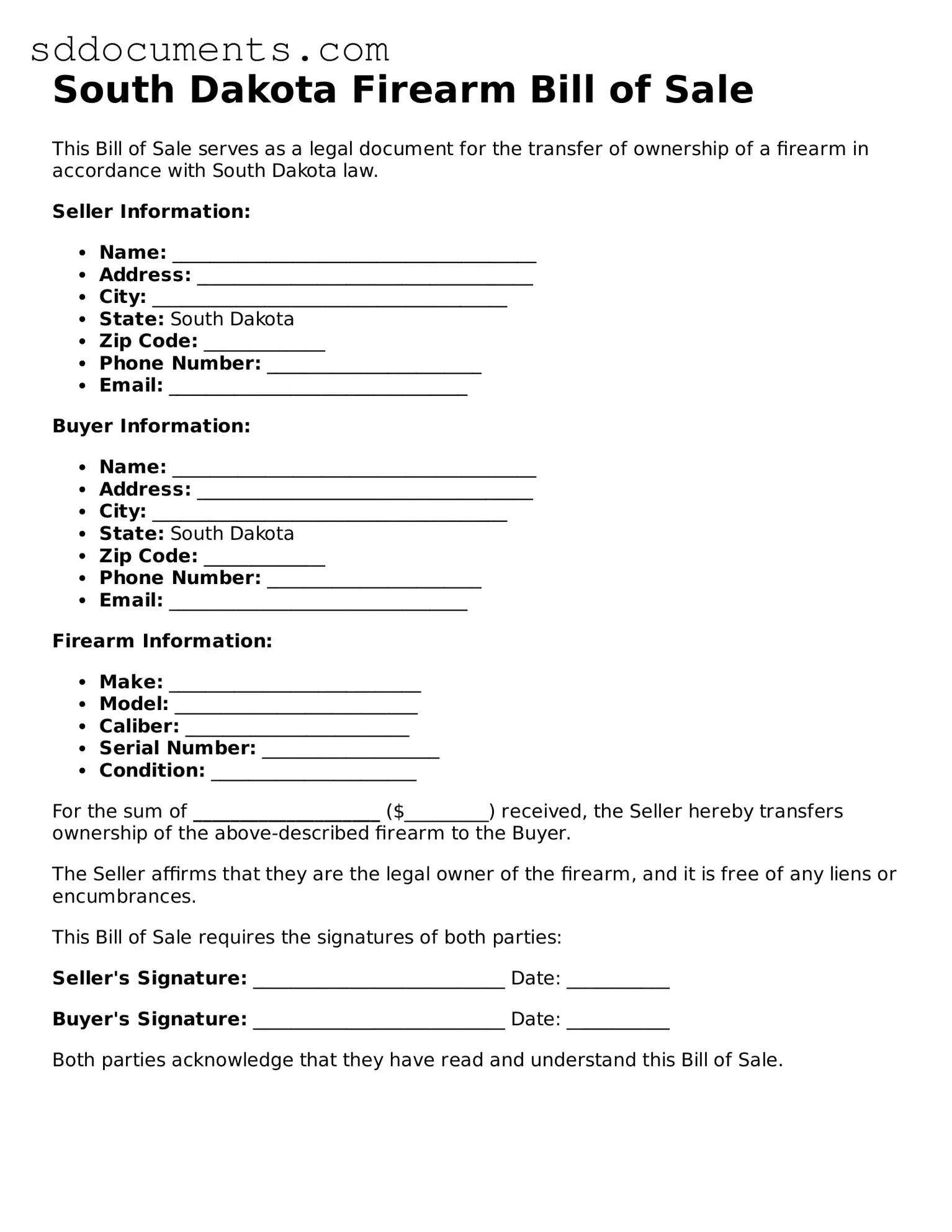 Free Firearm Bill of Sale Template for South Dakota