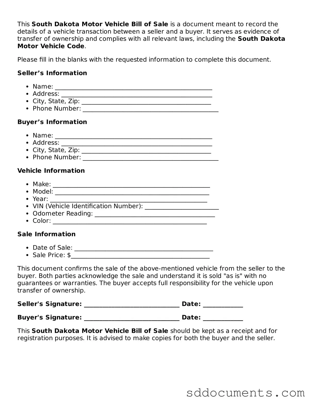 Free Motor Vehicle Bill of Sale Template for South Dakota