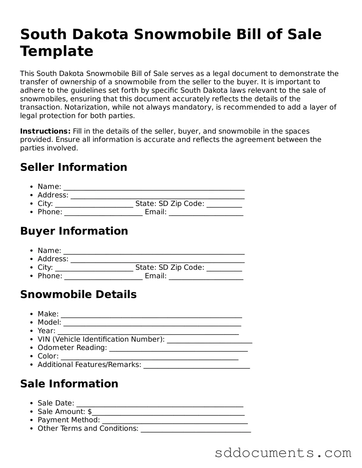 Free Snowmobile Bill of Sale Template for South Dakota