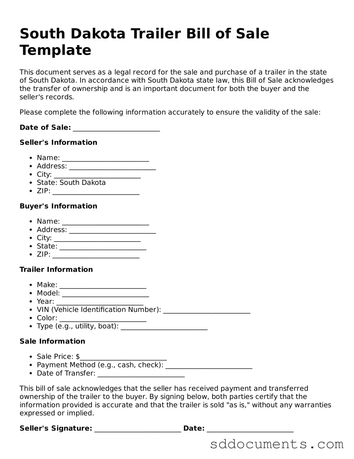 Free Trailer Bill of Sale Template for South Dakota