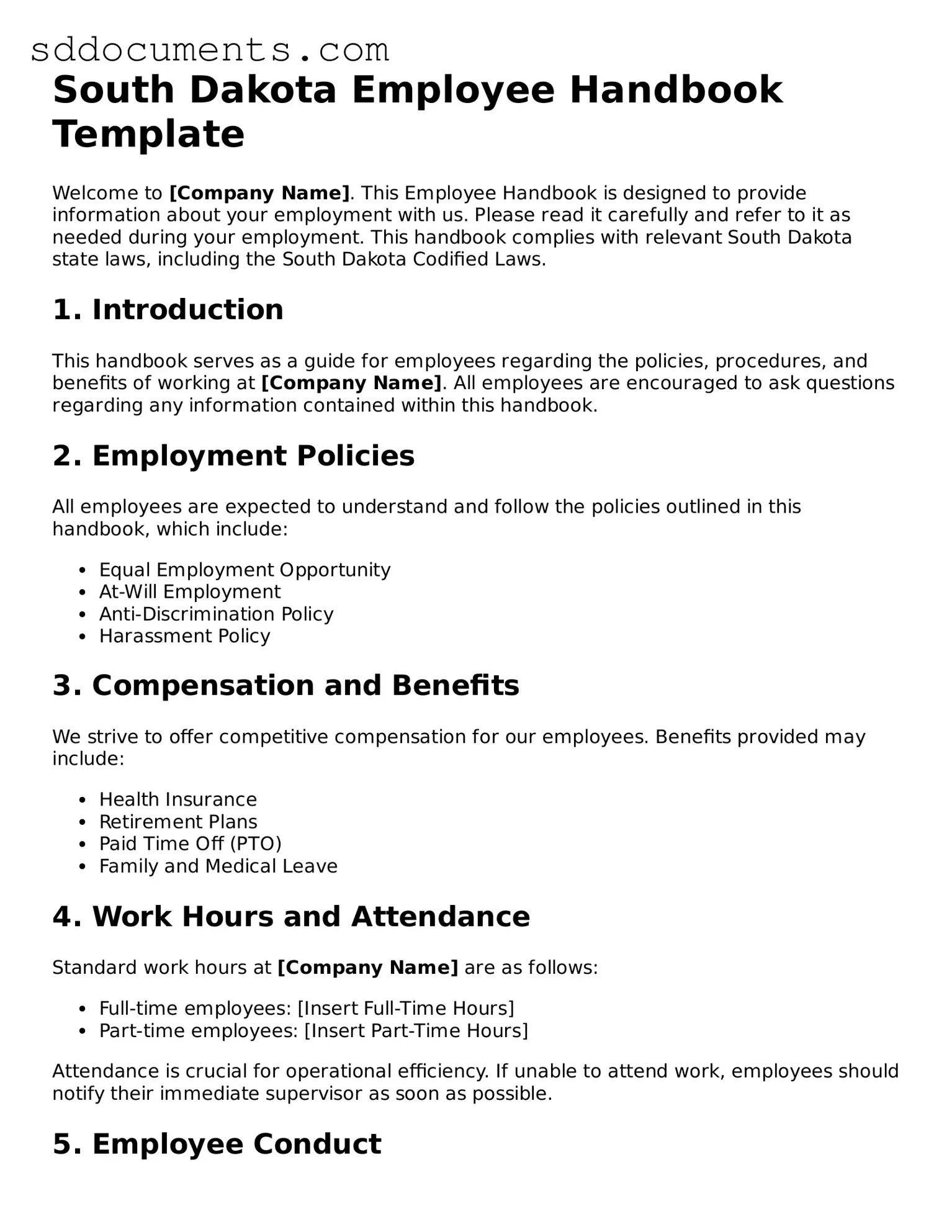 Free  Employee Handbook Template for South Dakota