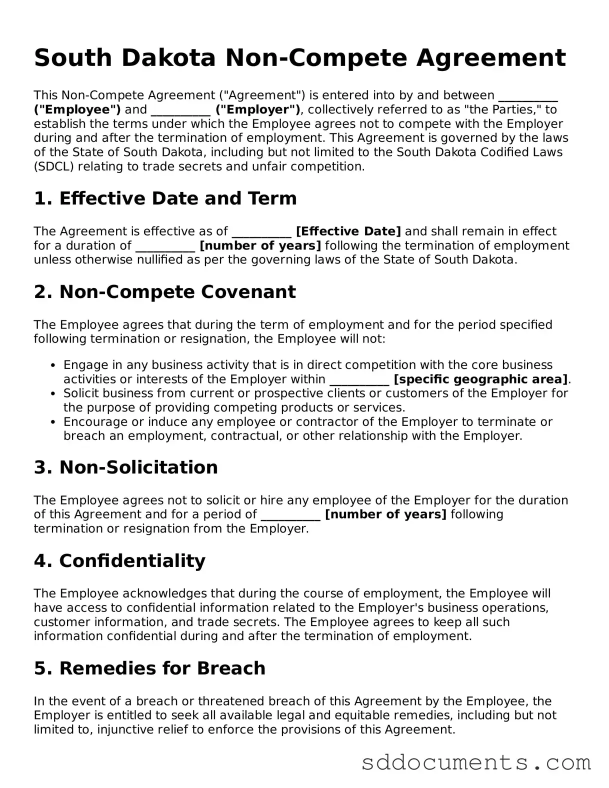 Free  Non-compete Agreement Template for South Dakota