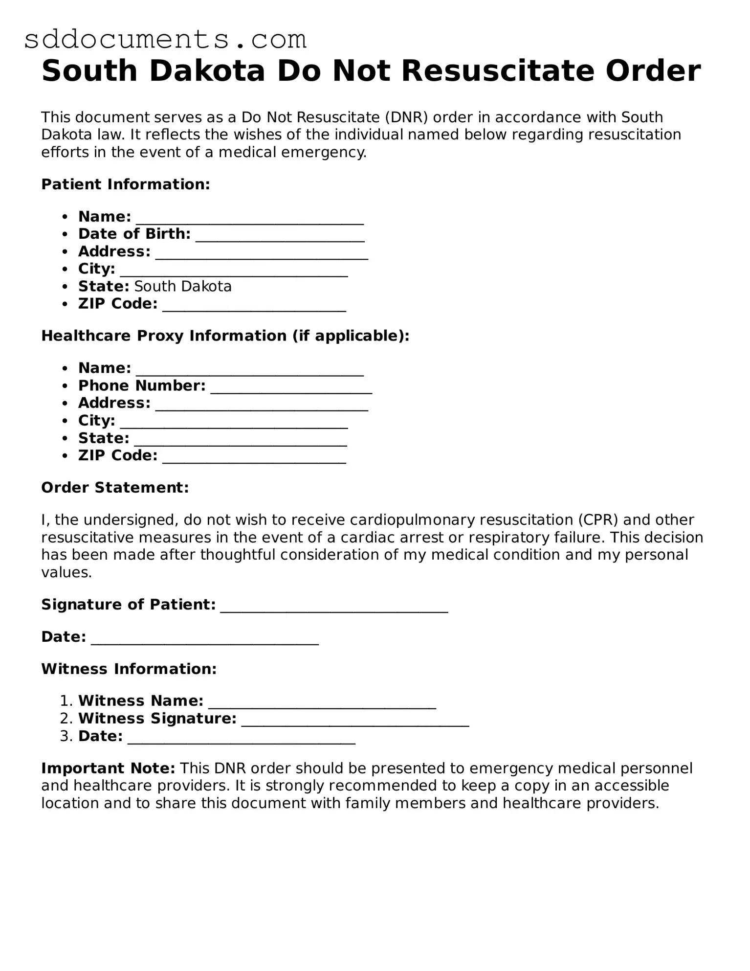 Free  Do Not Resuscitate Order Template for South Dakota