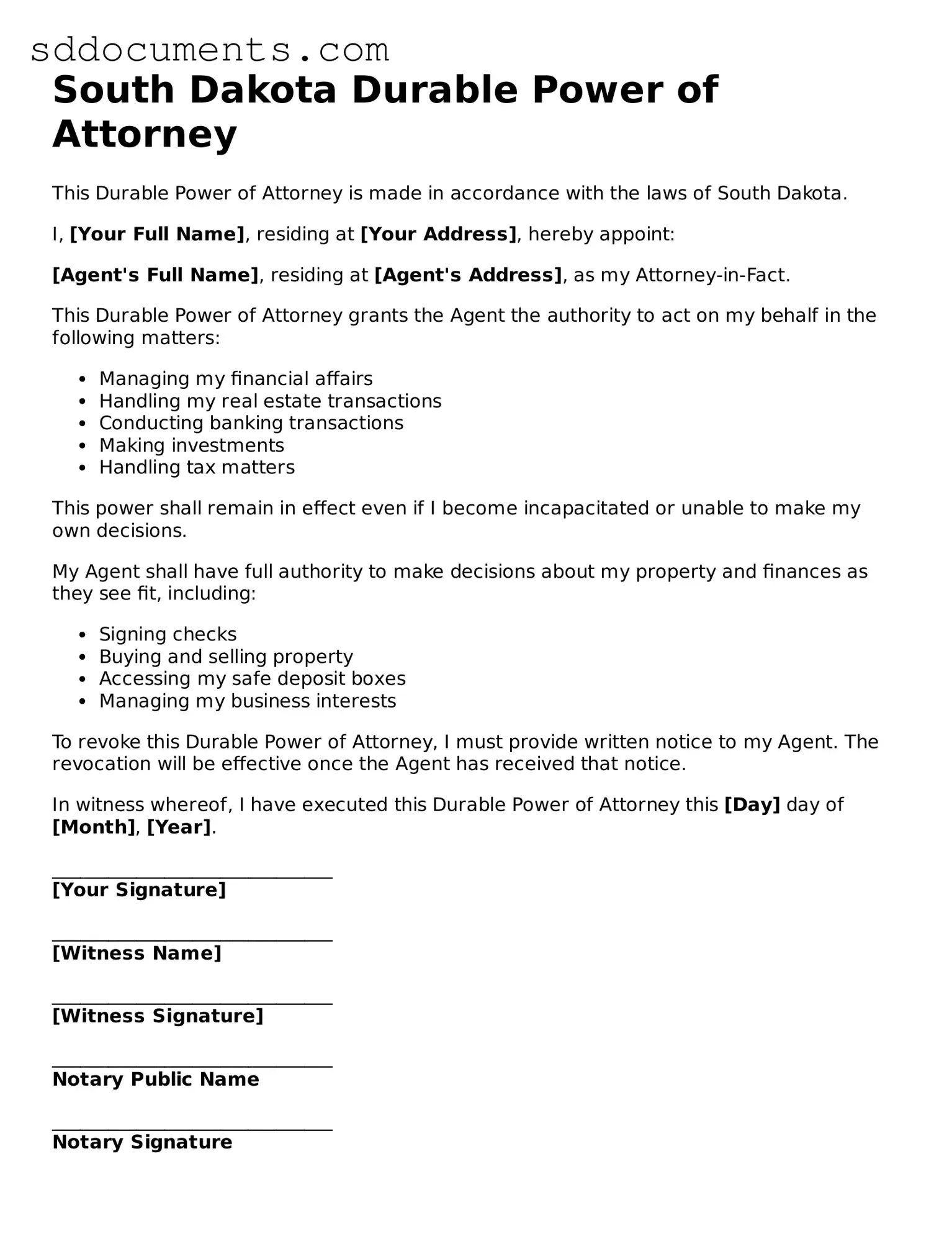 Free  Durable Power of Attorney Template for South Dakota
