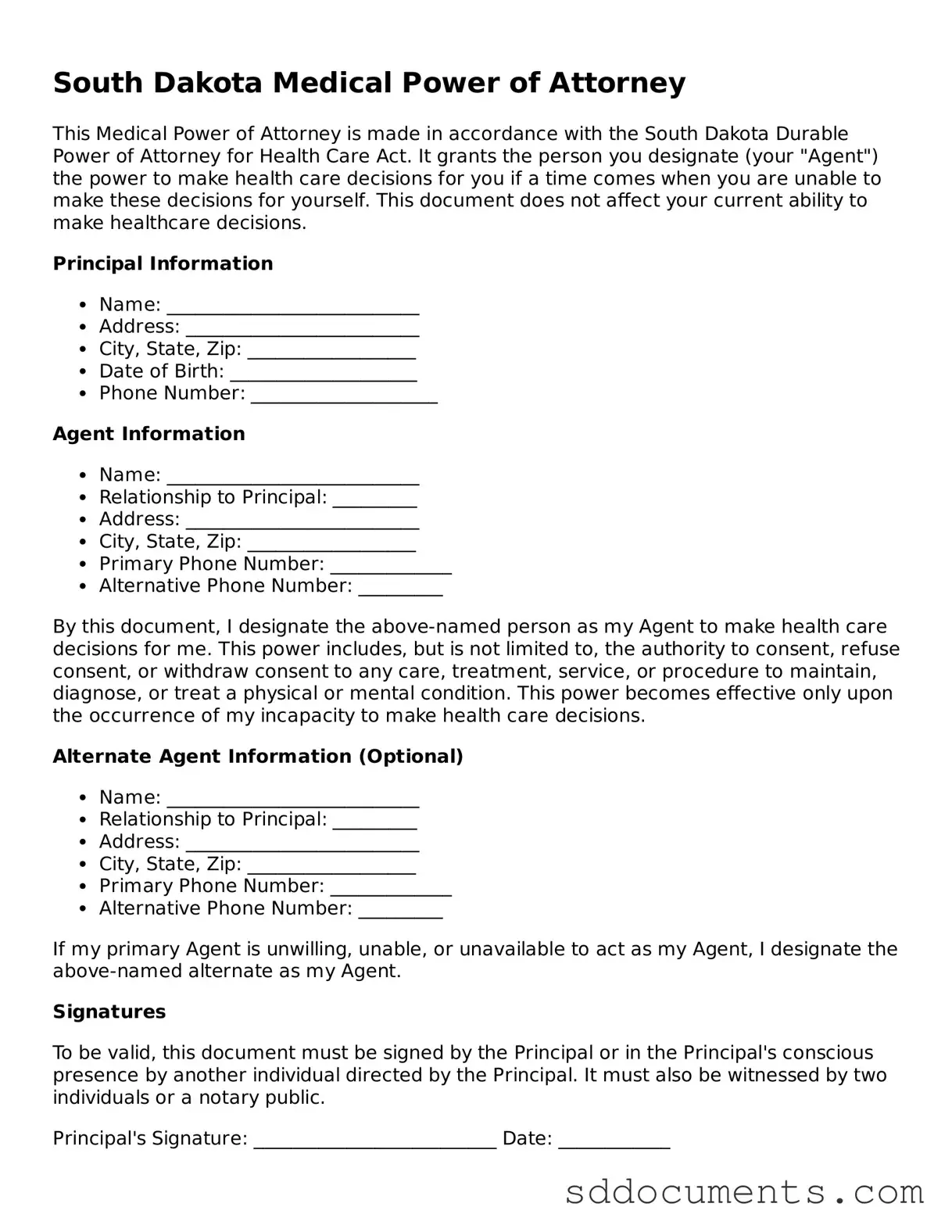 Free Medical Power of Attorney Template for South Dakota