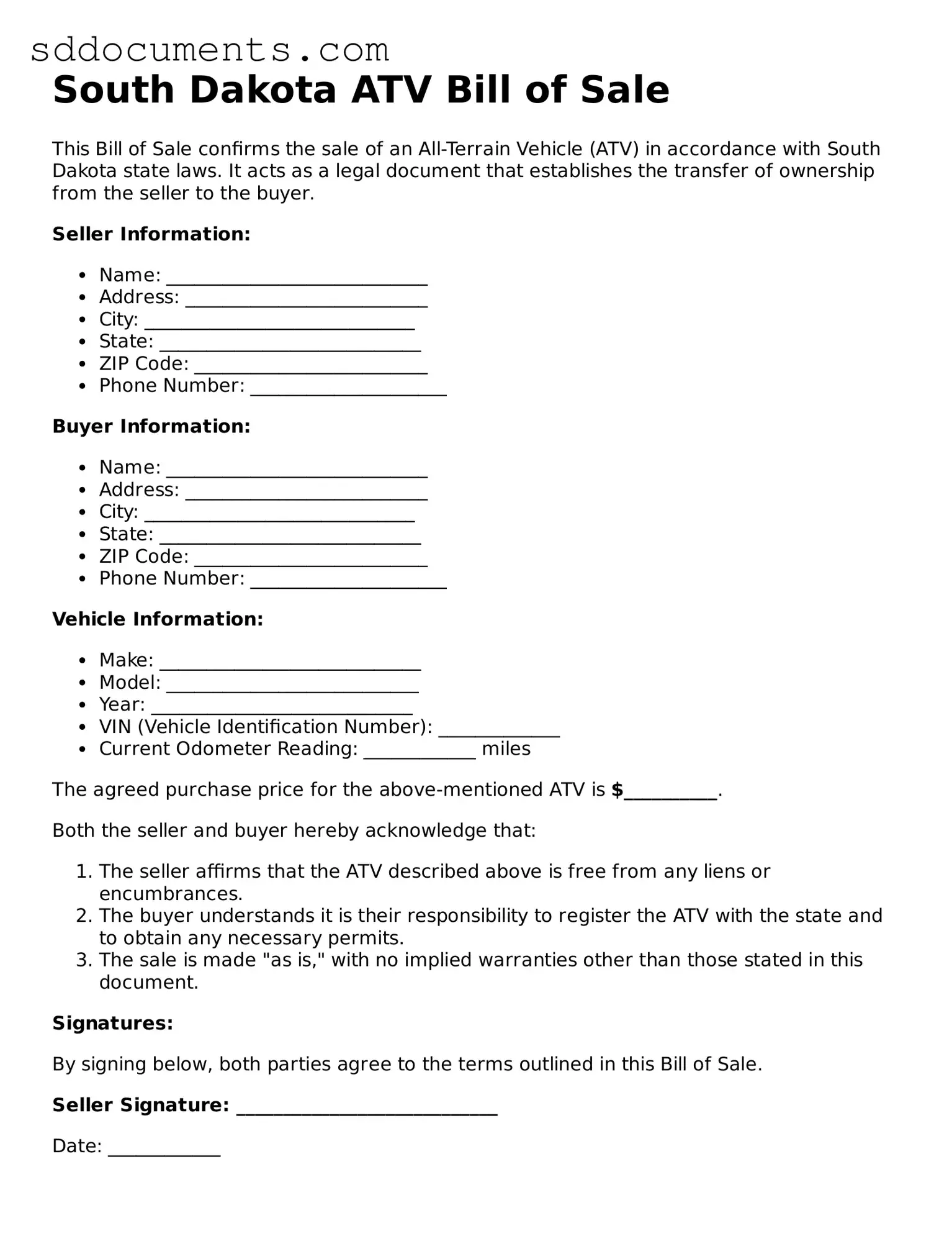 Free ATV Bill of Sale Template for South Dakota