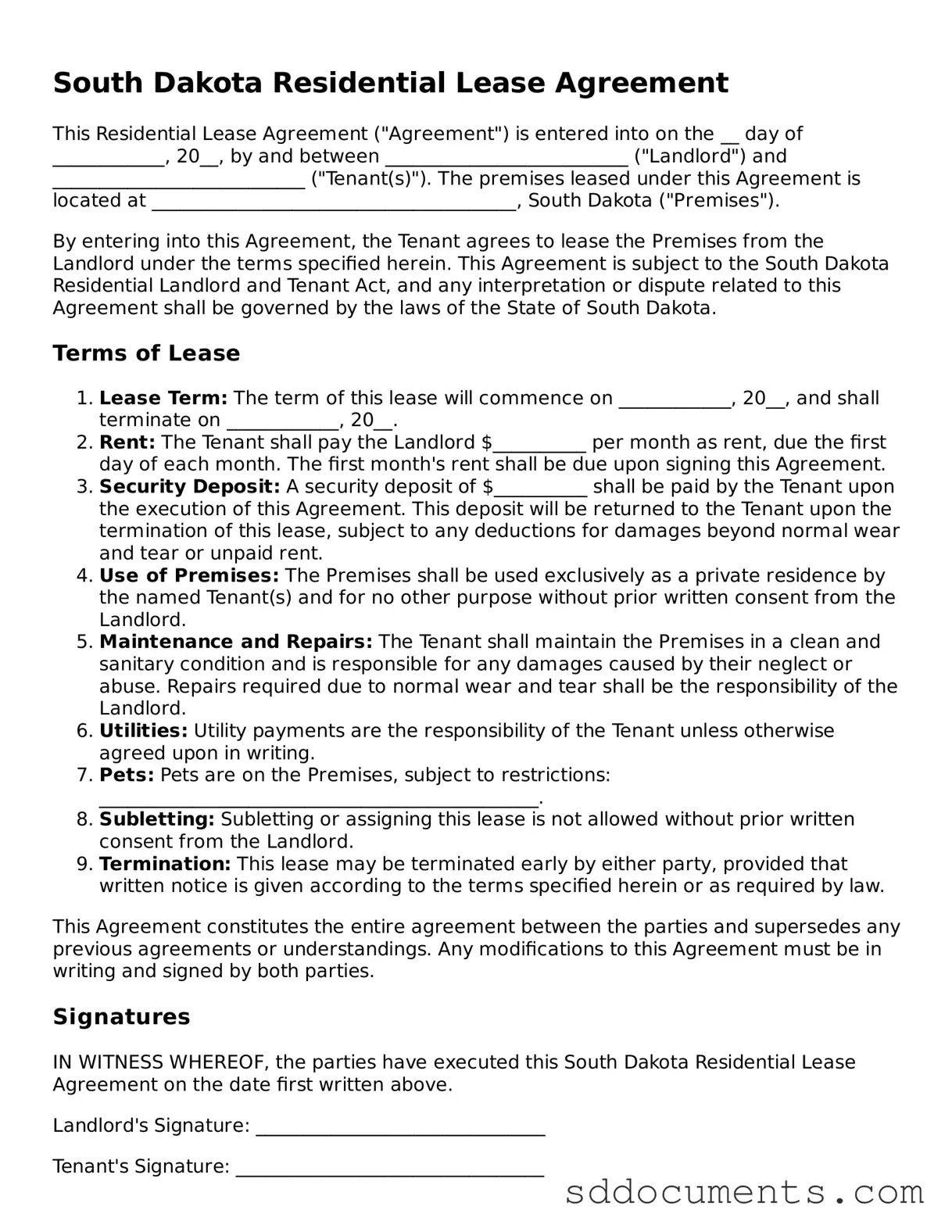 Free  Residential Lease Agreement Template for South Dakota