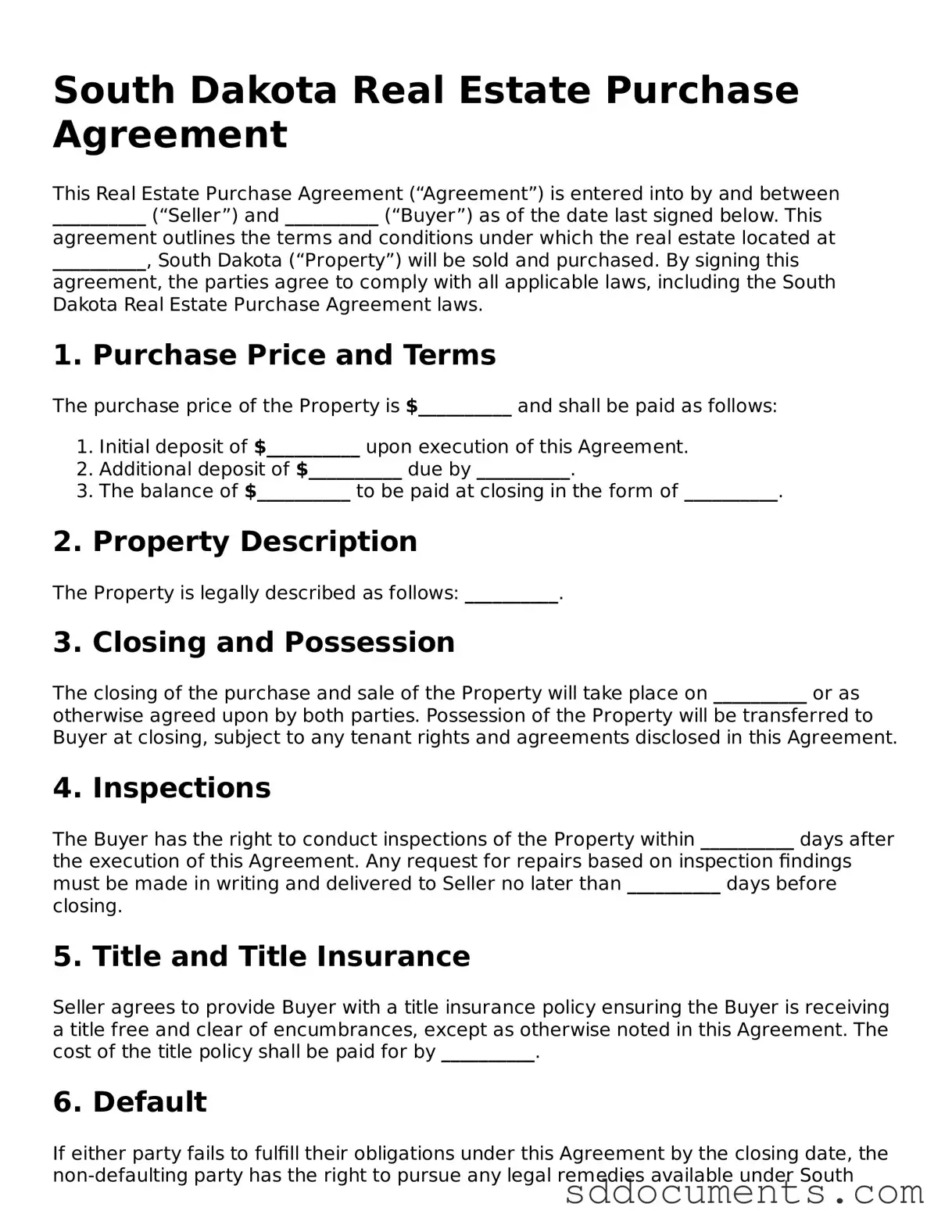 Free  Real Estate Purchase Agreement Template for South Dakota