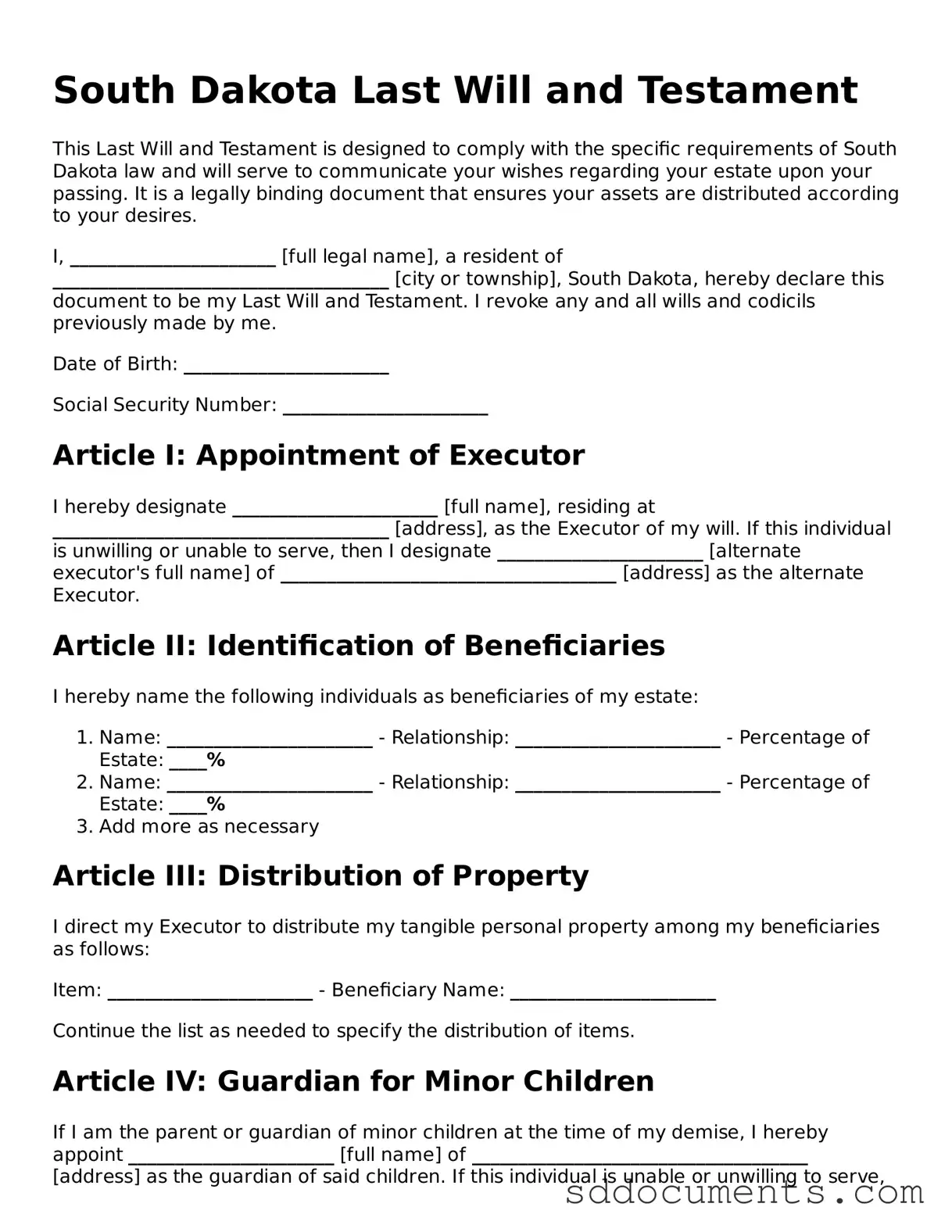 Free  Last Will and Testament Template for South Dakota