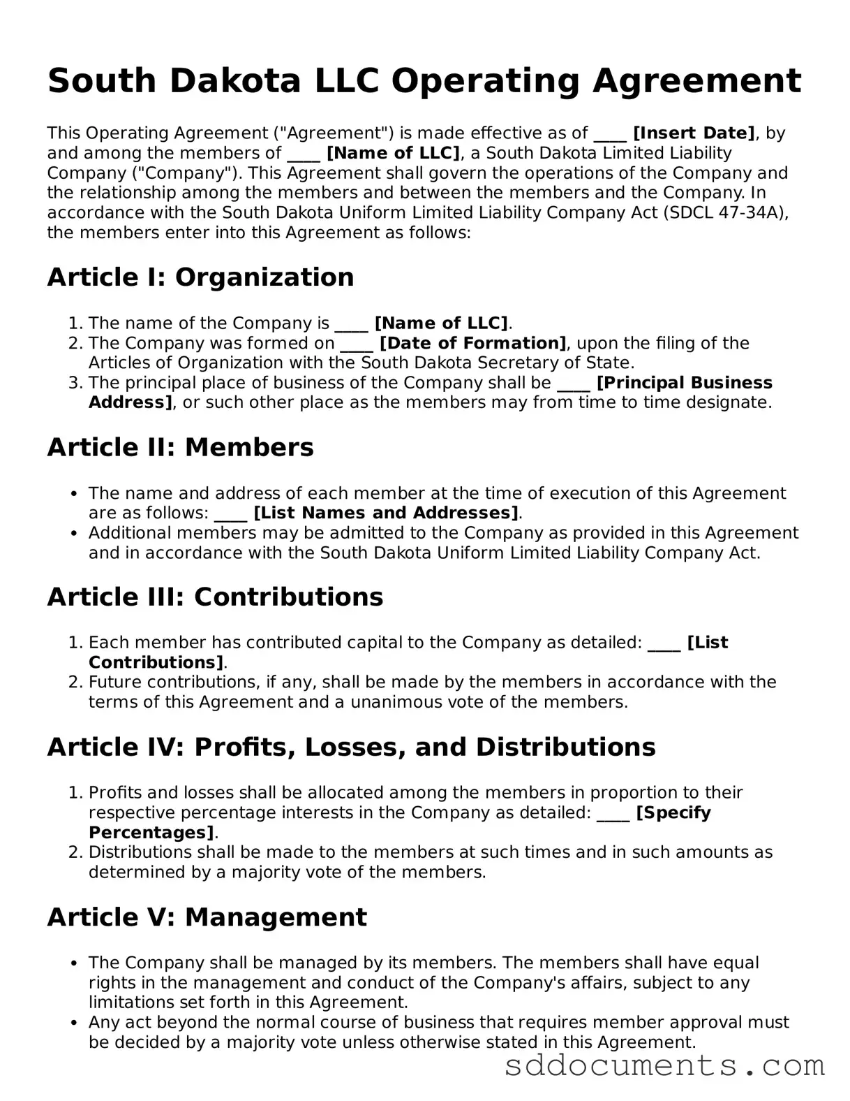 Free Operating Agreement Template for South Dakota
