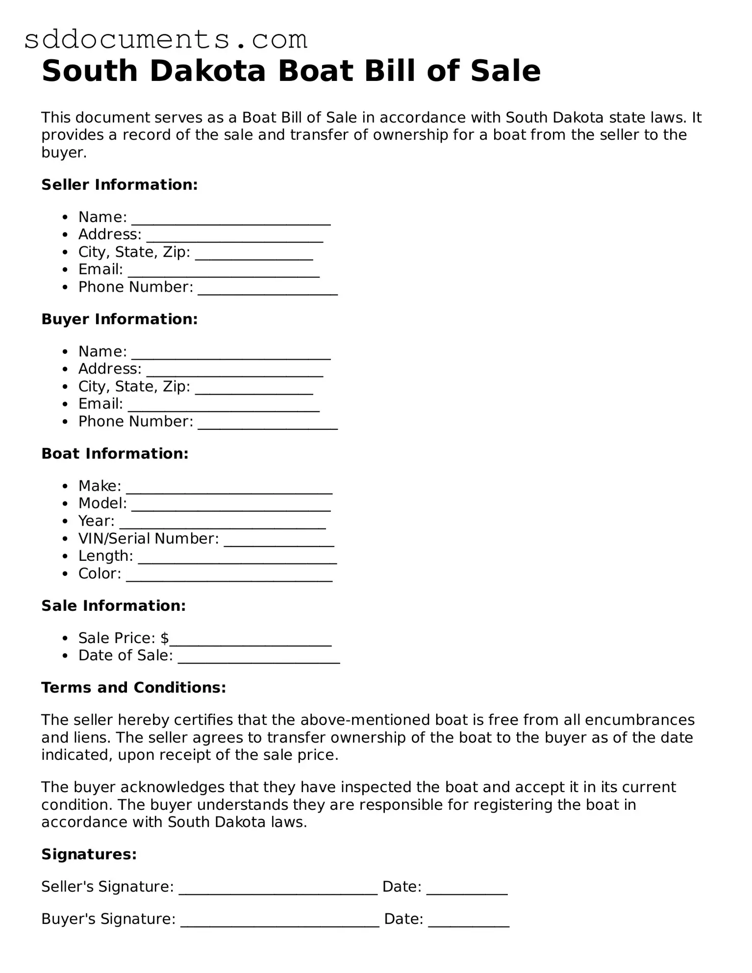 Free Boat Bill of Sale Template for South Dakota
