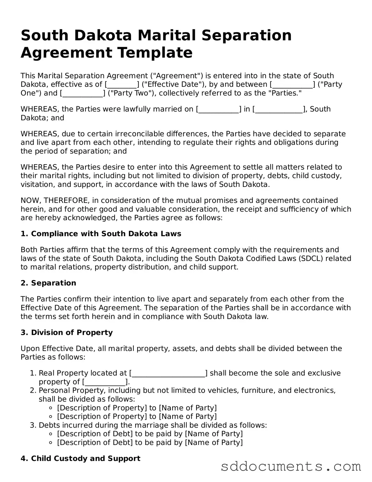 Free Marital Separation Agreement Template for South Dakota