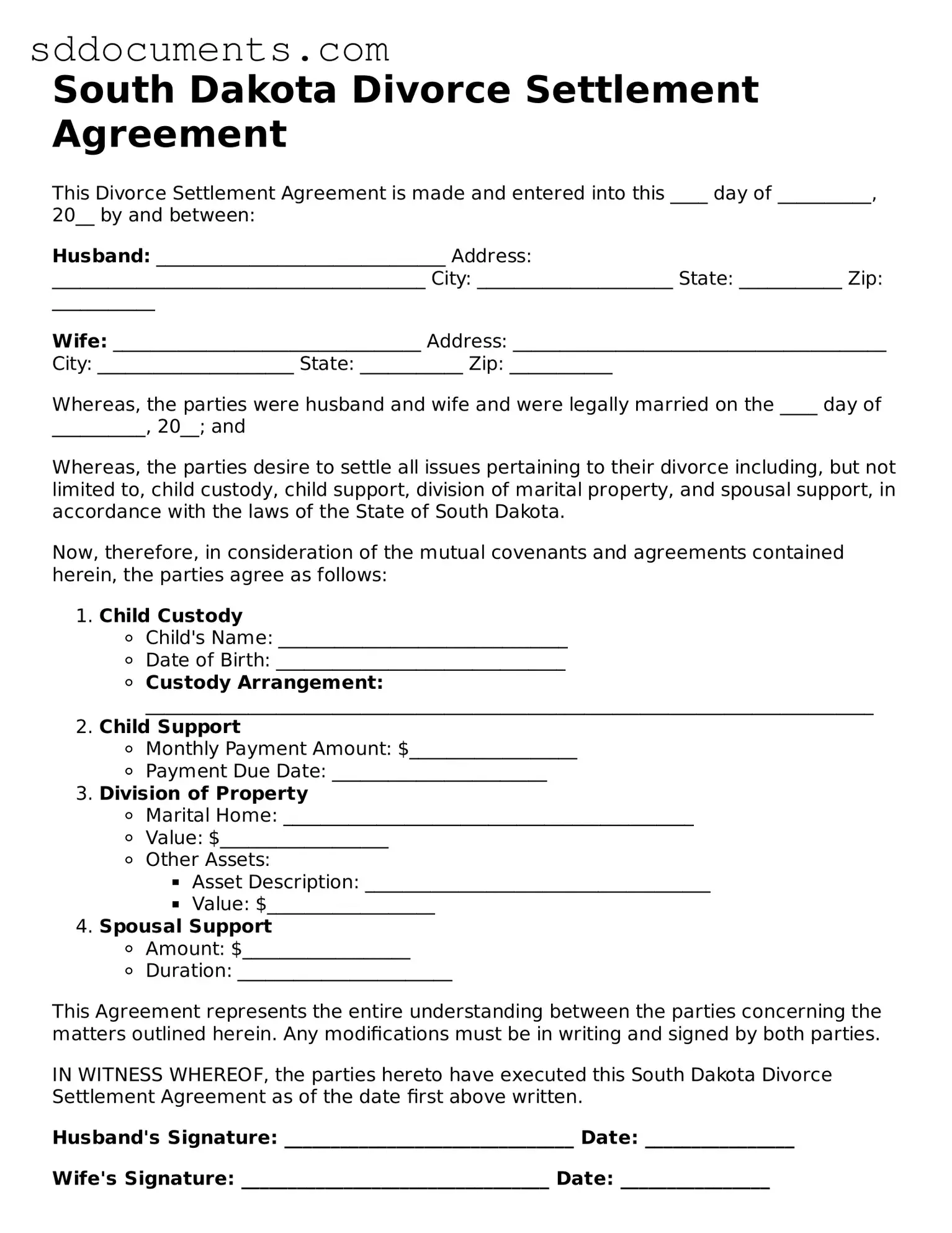 Free  Divorce Settlement Agreement Template for South Dakota