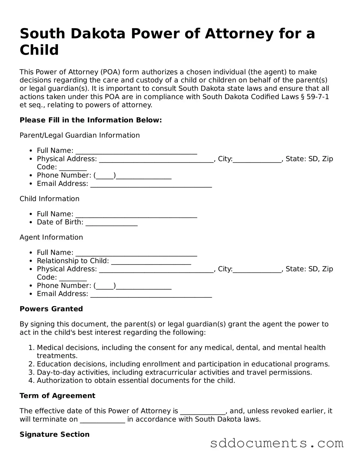 Free  Power of Attorney for a Child Template for South Dakota