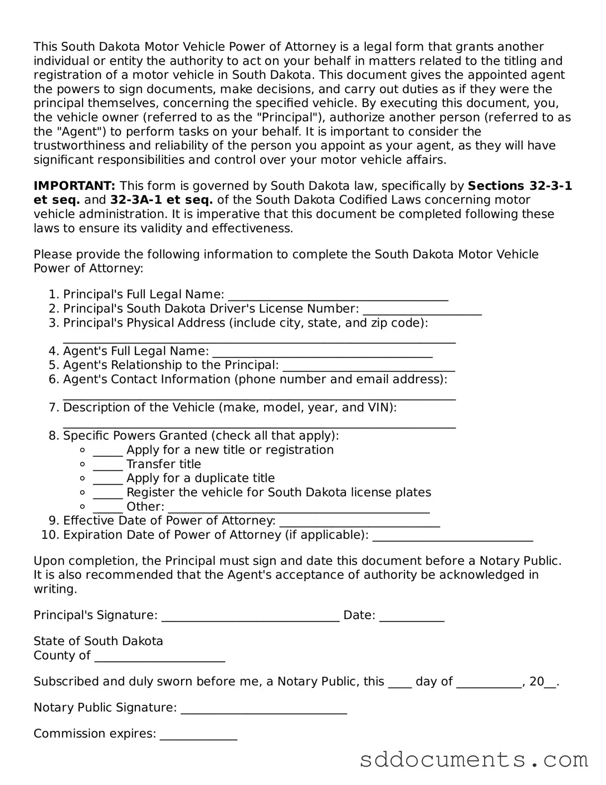 Free Motor Vehicle Power of Attorney Template for South Dakota