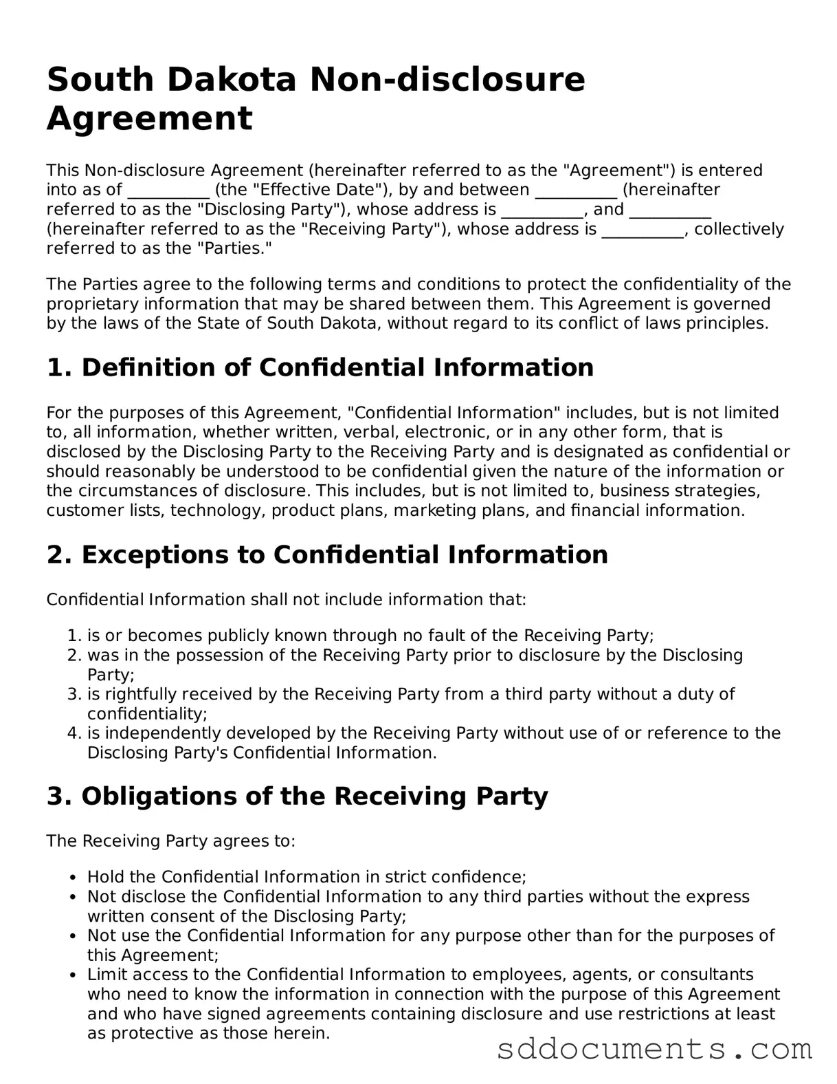 Free Non-disclosure Agreement Template for South Dakota