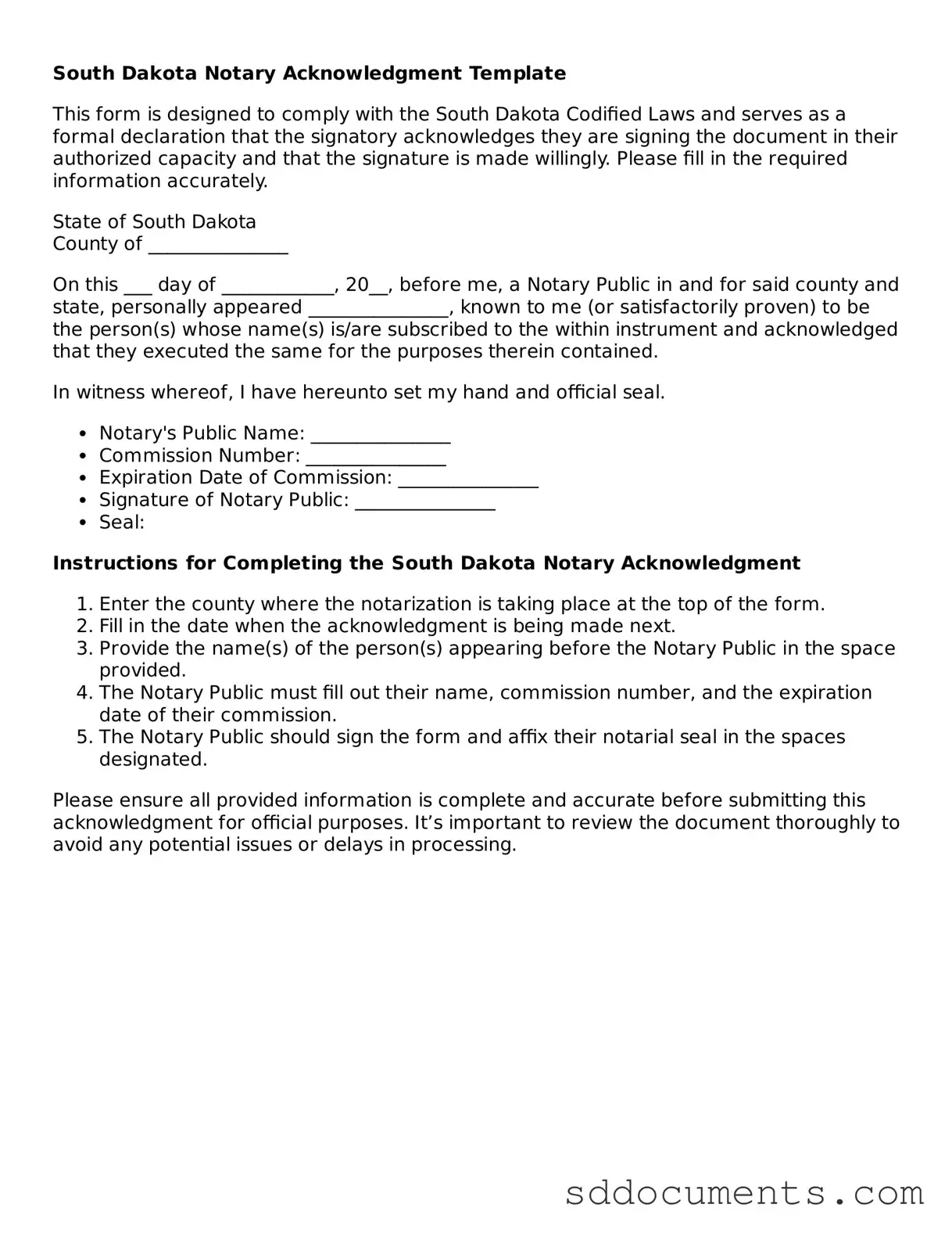 Free Notary Acknowledgement Template for South Dakota