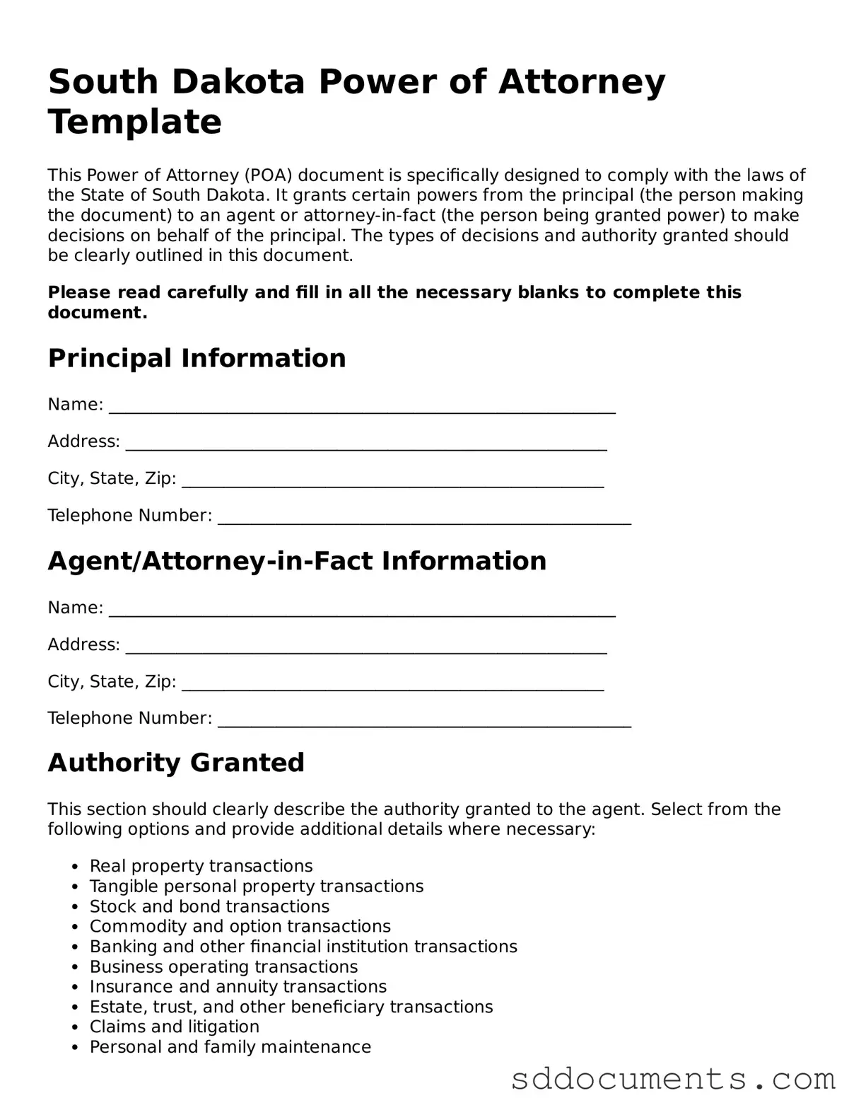 Free Power of Attorney Template for South Dakota