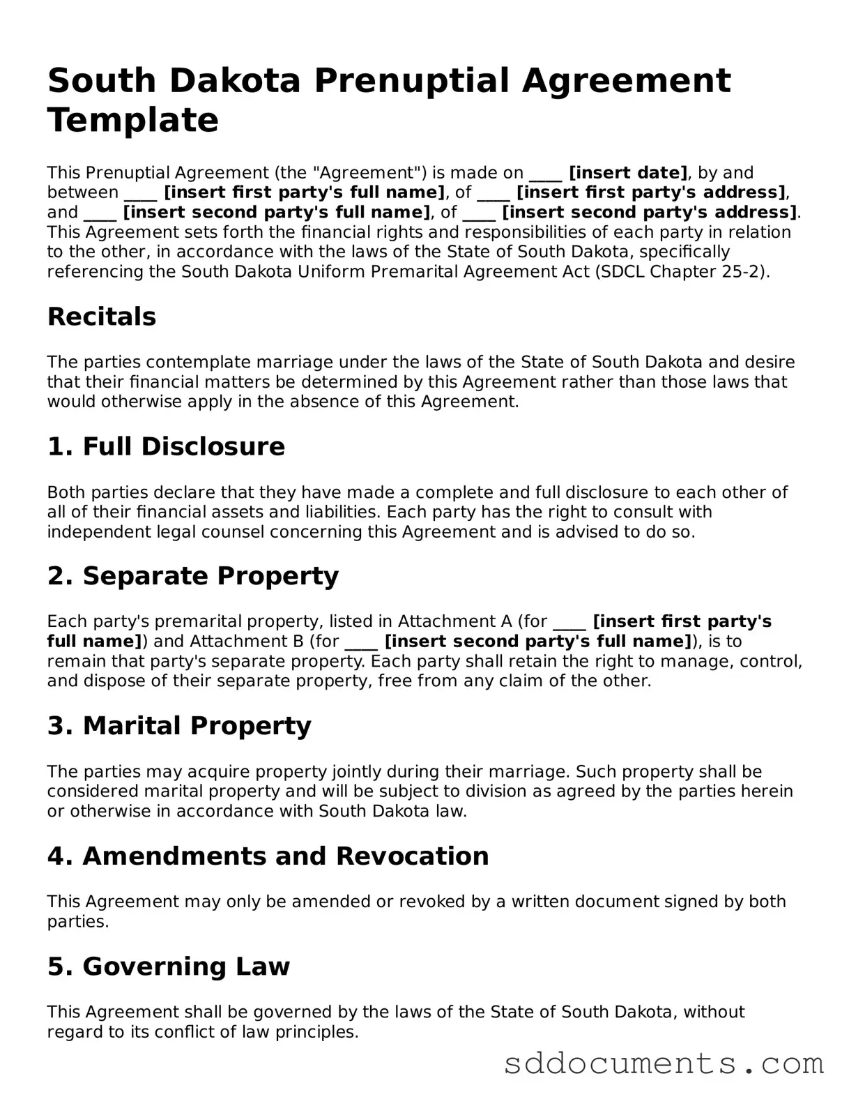 Free Prenuptial Agreement Template for South Dakota