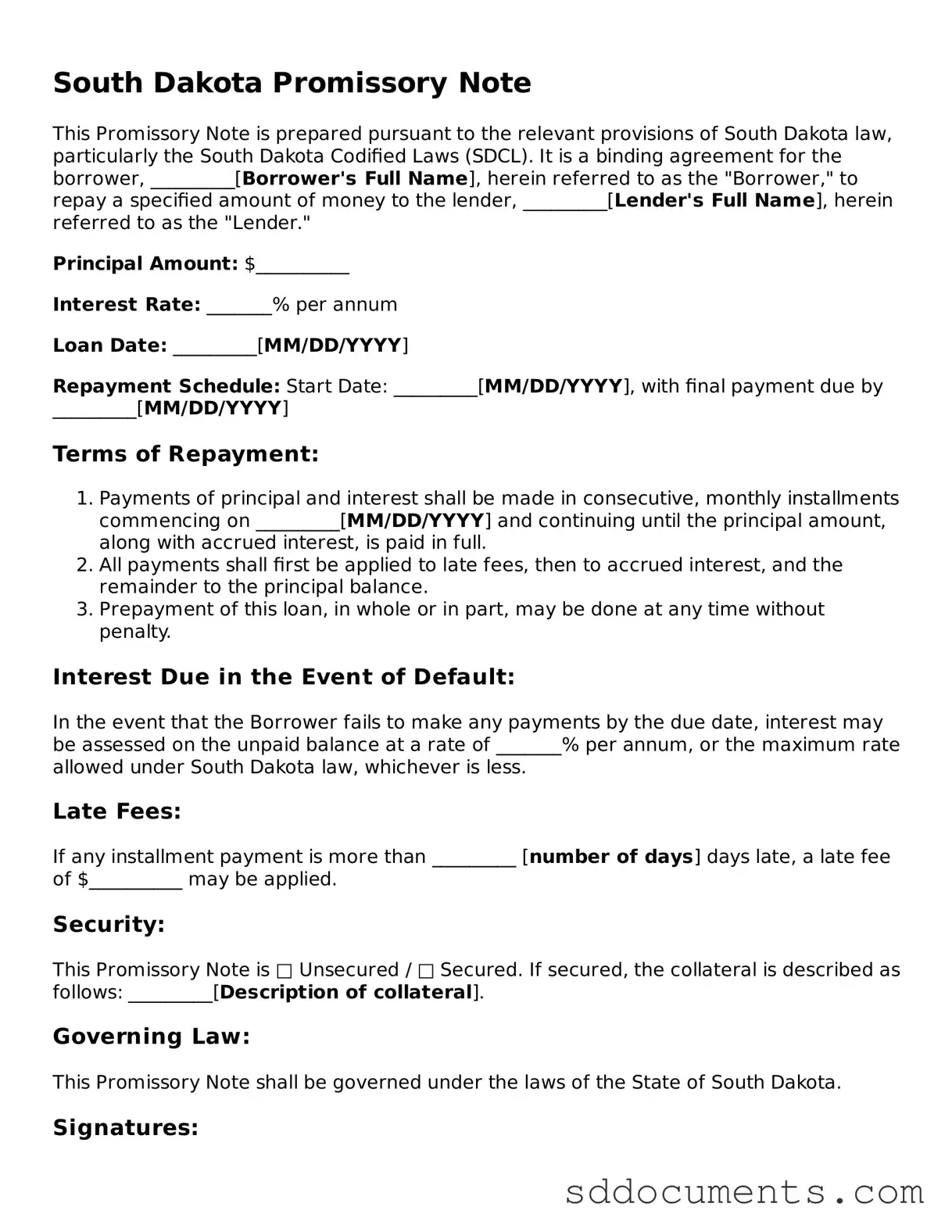 Free Promissory Note Template for South Dakota