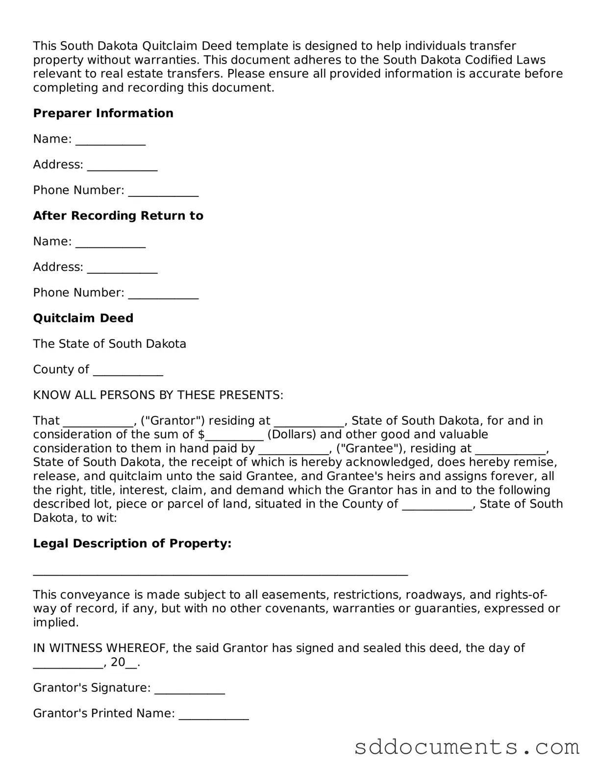 Free Quitclaim Deed Template for South Dakota