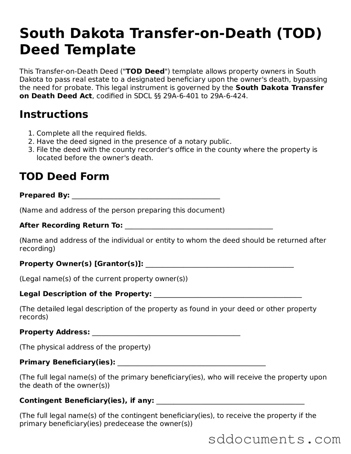 Free Transfer-on-Death Deed Template for South Dakota